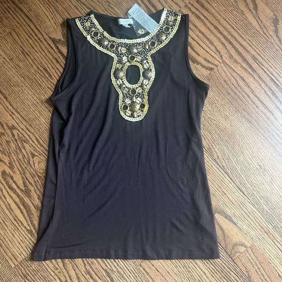 Cache Brown Sleeveless Keyhole Top with Gold Accents - Picture 2 of 7